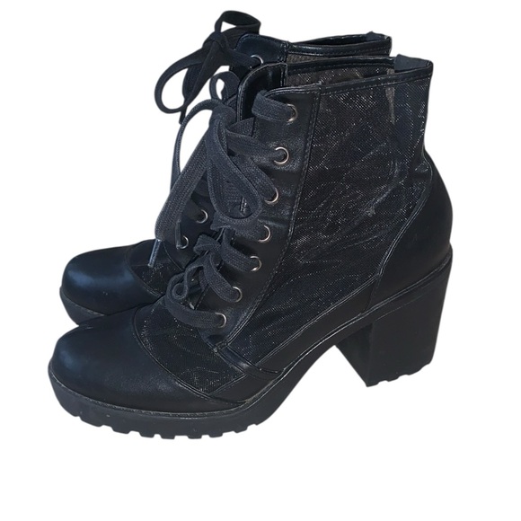Forever 21 Shoes - Forever 21 Black Mesh Ankle Booties Block Heel Boots Lace Up Moto Goth Sheer